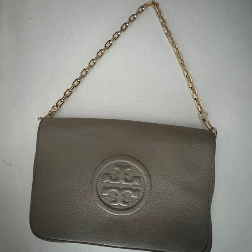 Tory Burch Taupe Leather Shoulder Bag with Gold Chain
